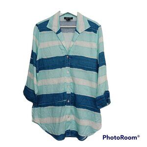 Paper White Shirt Blouse Blue White Stripe Linen Button Front Tunic Length 12